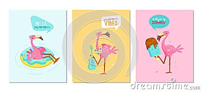 Set of Hello Summer Banners with Pink Flamingo Play Ukulele, Float Inflatable Ring and Eating Ice Cream Vector Illustration