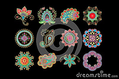 Set of henna elements based on traditional Asian elements Paisley and mandala. Modern abstract style, Indian, Arabic, Islam motifs Stock Photo