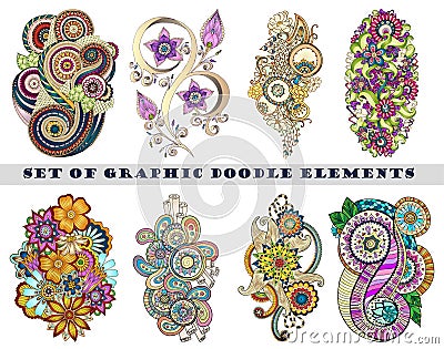 Set of Henna Paisley Mehndi Doodle Element. Vector Illustration