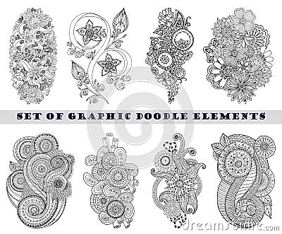 Set of Henna Paisley Mehndi Doodle Element. Vector Illustration