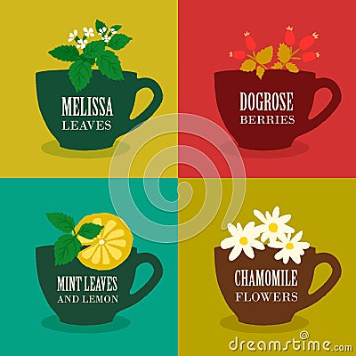 Set of Herbal teas. Vector Vector Illustration