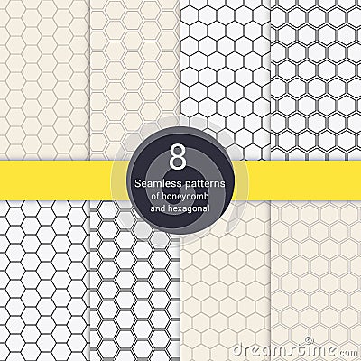 Set of 8 hexagonal honeycomb line style seamless patterns. Vector Illustration