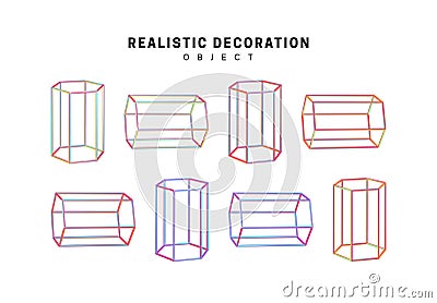 set hexagonal prism hollow. Realistic 3d shape. objects with gradient holographic color of hologram. Geometric Cartoon Illustration