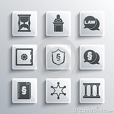 Set Hexagram sheriff, Prison window, Law, Justice law shield, book, Safe, Old hourglass and icon. Vector Vector Illustration