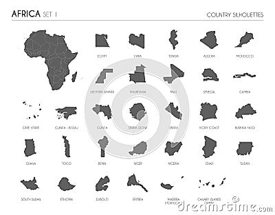 Set of 30 high detailed silhouette maps of African Countries and territories, and map of Africa vector illustration Vector Illustration