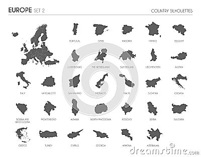 Set of 30 high detailed silhouette maps of European Countries and territories, and map of Europe vector illustration Vector Illustration