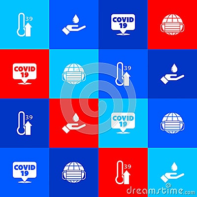 Set High human body temperature, Washing hands with soap, Corona virus on location and Earth medical mask icon. Vector Vector Illustration