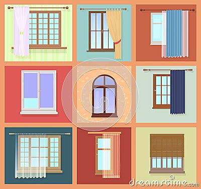 Set of high quality various Vintage Windows with curtains. Vector illustration Vector Illustration