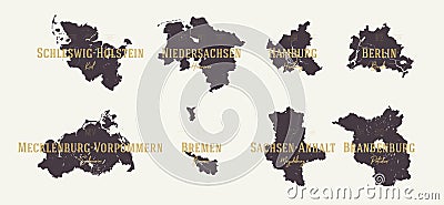 Set 1 of 2 Highly detailed maps vector silhouettes states of Germany with names and capital Vector Illustration