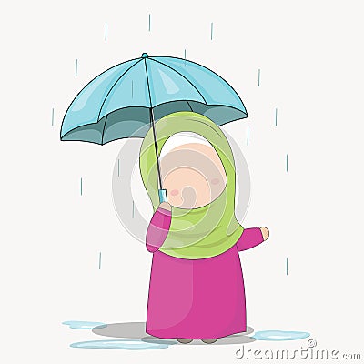 Set of Hijab girl cartoon character under the rain with an umbrella, vector illustration Vector Illustration