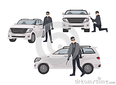 Set of hijacker wearing black clothes and mask standing beside car and trying to break into it. Male cartoon character Vector Illustration