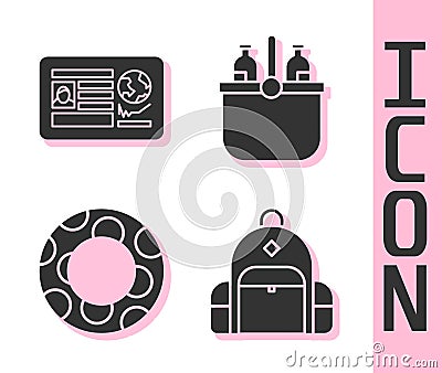 Set Hiking backpack, Passport with visa stamp, Rubber swimming ring and Cooler bag and water icon. Vector Vector Illustration