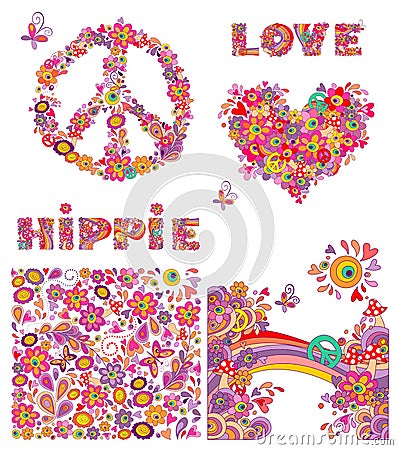 Set for hippie wallpaper with funny butterflies, colorful flowers and mushrooms, peace flowers symbol, heart shape Vector Illustration