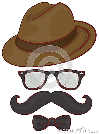 Set hipster accessories - hat, glasses, mustache, bow tie Vector Illustration