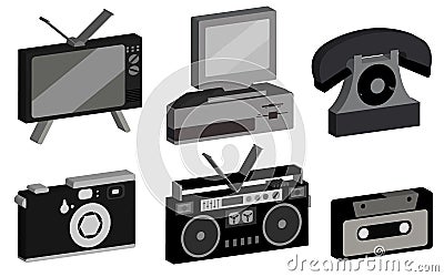 A set of hipster, antique, old, antique, camera, personal computer, audio tape recorder, audio cassette, disk phone, TV from the 8 Vector Illustration