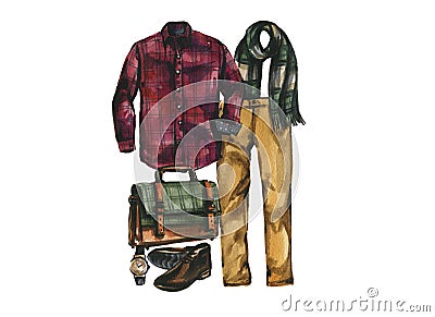 Set of hipster designer clothes, shoes and bag for man. Casual outfit watercolor illustration. Cartoon Illustration