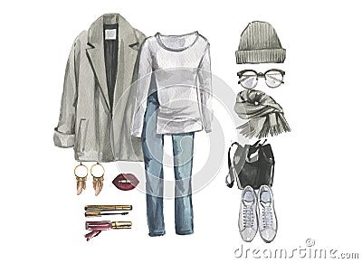 Set of hipster designer clothes, shoes and bag for woman. Casual outfit watercolor illustration. street style look. Cartoon Illustration