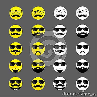 Set of hipster emoticons with beards and mustaches Vector Illustration