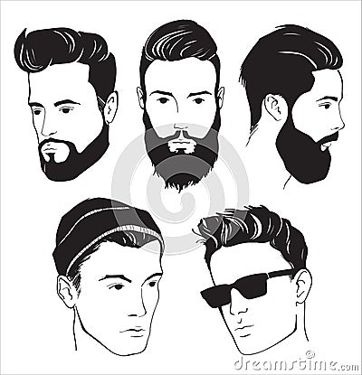 Set of hipster fashion man with beard, mustache and Sunglasses Vector Illustration