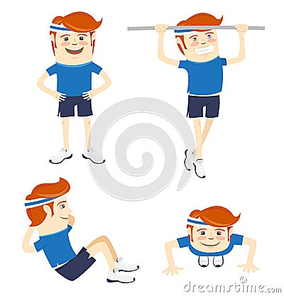 Set of Hipster funny sportsmen doing exercises. Flat style Vector Illustration