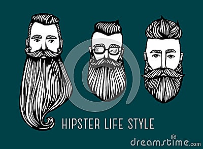 Set of Hipster heads with beards. Hand-Drawn Doodle. Vector Illustration - stock vector. Hand drawn cartoon character Vector Illustration