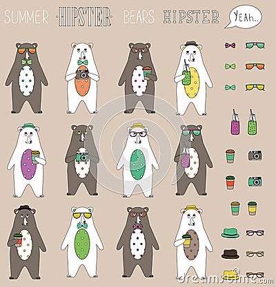 Set of hipster summer bear flat with accessories can swap. Vintage styled design hipster icons signs and symbols templates for Vector Illustration