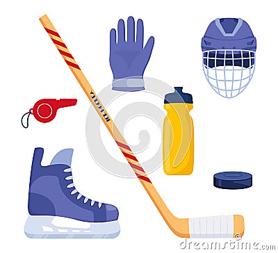 Set of hockey equipment. Helmet, gloves, stick, puck, skates, whistle, water bottle. Vector illustration Vector Illustration
