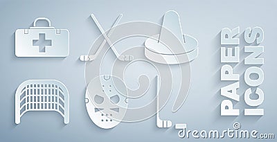 Set Hockey mask, Mallet for playing air hockey, Ice goal, stick and puck, sticks and First aid kit icon. Vector Stock Photo