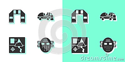 Set Hockey mask, Winter scarf, Folded map and Ice resurfacer icon. Vector Vector Illustration