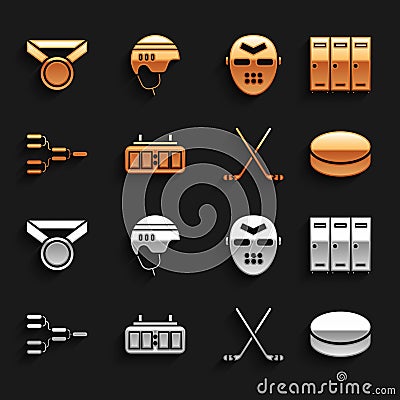 Set Hockey mechanical scoreboard, Locker changing room, puck, Ice hockey sticks, Championship tournament bracket, mask Vector Illustration