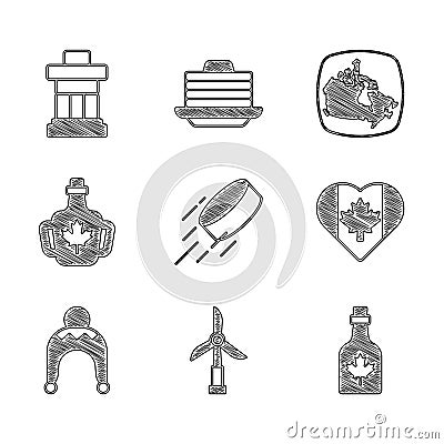 Set Hockey puck, Wind turbine, Bottle of maple syrup, Heart shaped Canada flag, Winter hat, and Inukshuk icon. Vector Vector Illustration