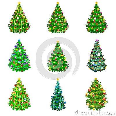 Set of holiday decorated christmas tree for celebrate xmass with ball gold bells candles stars lights candy and Vector Illustration