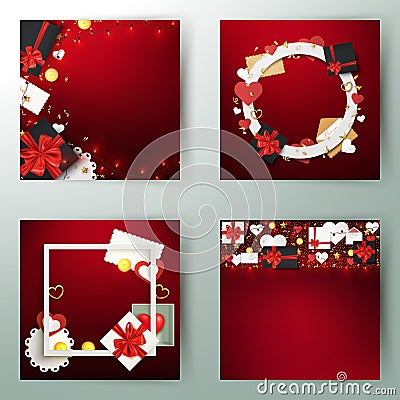 Set of holiday festive background cards, gift boxes and decorative elements, birthday, valentine, christmas template, vector Vector Illustration