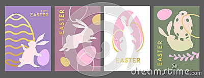 Set of holiday flat Easter posters with rabbit silhouette, Easter eggs and willow branch. Vector Illustration