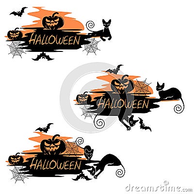 A set of holiday labels for Halloween with a black cat Vector Illustration