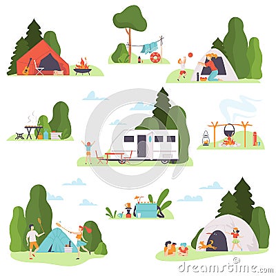 Set of holiday pictures at the campsite. Vector illustration. Vector Illustration