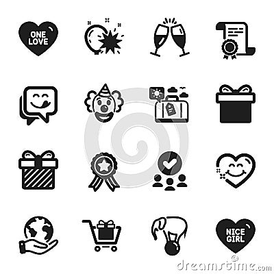 Set of Holidays icons, such as Elephant on ball, One love, Balloon dart. Vector Vector Illustration