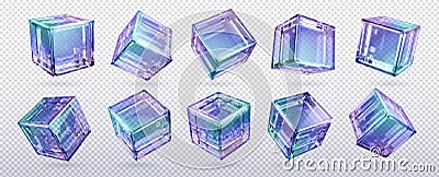 Set of holographic 3D glass cubes Cartoon Illustration