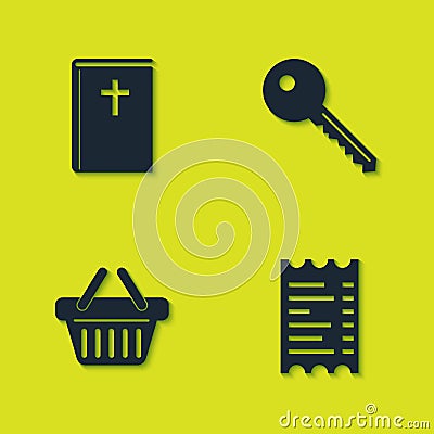 Set Holy bible book, Paper or financial check, Shopping basket and Key icon. Vector Vector Illustration