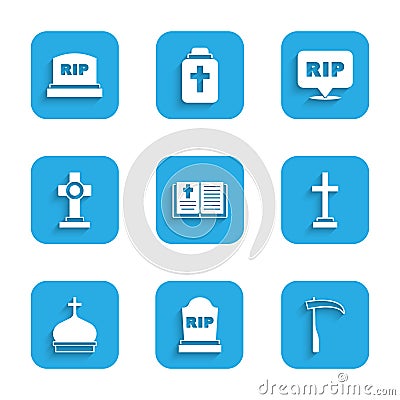 Set Holy bible book, Tombstone with RIP written, Scythe, Grave cross, Church tower, Speech bubble rip death and icon Vector Illustration