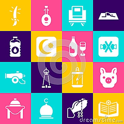 Set Holy book of Koran, Pig, No sweets, Star and crescent, Bottle water, Arabian saber and Wine bottle with glass icon Vector Illustration