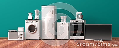 Set of home appliances on a wooden floor. 3d illustration Cartoon Illustration