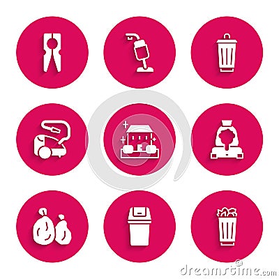 Set Home cleaning service, Trash can, Full trash, Cleaning lady, Garbage bag, Vacuum cleaner, and Clothes pin icon Vector Illustration