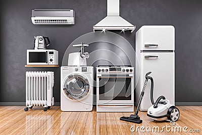 Set of home kitchen appliances in the room on the wall background Stock Photo