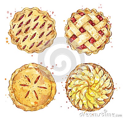 Set of home made pies, watercolour illustration Cartoon Illustration