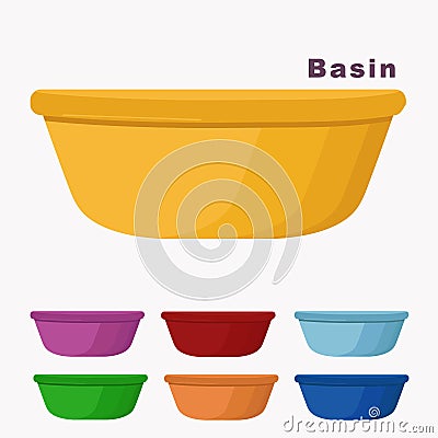 Set of home plastic basins. Collection of various basins for food or home cleaning Vector set of containers illustration Vector Illustration