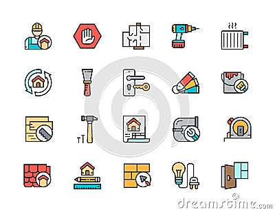 Set of Home Renovation Color Line Icons. Repairman, Radiator, Plumbing and more. Vector Illustration