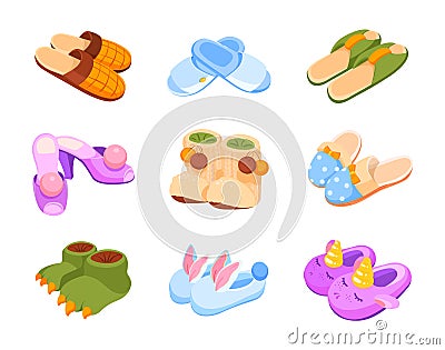 Set of home slippers, isolated drawing. Different slippers: female, male, funny, hotel, in the form of animals. Vector Illustration