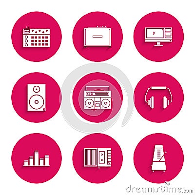 Set Home stereo with two speakers, Music tape player, Metronome pendulum in motion, Headphones, equalizer, Stereo, Video Vector Illustration