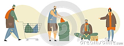 Set of Homeless Adult People Begging Money, Need Help and Work, Male and Female Beggars Characters Vector Illustration